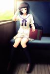  black_eyes black_hair highres innocent_grey kara_no_shoujo kneehighs legs mizuhara_touko school_uniform short_hair sitting sketchbook skirt socks solo sugina_miki 