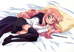  1girl absurdres artist_request bed_sheet black_legwear black_thighhighs blouse cape feet fujii_masahiro highres long_hair louise_fran&ccedil;oise_le_blanc_de_la_valli&egrave;re louise_francoise_le_blanc_de_la_valliere lying no_shoes official_art on_side pillow pink_eyes pink_hair sheets skirt solo thighhighs wand zero_no_tsukaima 