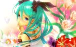  blue_eyes daffodil flower from_behind from_side green_hair hair_ornament hairclip hand_on_own_cheek hatsune_miku highres lily_(flower) long_hair looking_at_viewer looking_back redjuice solo sparkle supercell tears tulip twintails upper_body vocaloid wallpaper world_is_mine_(vocaloid) 