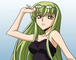  arm arms breasts c.c. cc code_geass female glasses gradient gradient_background green_hair long_hair solo strapless yellow_eyes 