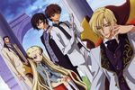  absurdres black_hair blonde_hair blue_eyes brown_hair chair chin_rest code_geass day dutch_angle formal gilbert_guilford glasses gloves green_eyes hair_ornament highres kneehighs kururugi_suzaku lelouch_lamperouge long_hair male_focus multiple_boys necktie otoko_no_ko outdoors purple_eyes red_eyes sakou_yukie schneizel_el_britannia sitting sky smile socks suit v.v. very_long_hair 