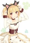  :o animal_ears arms_up black_choker blonde_hair blush bow brown_eyes cat_ears choker collarbone dress fake_animal_ears flat_chest frilled_dress frills hair_ribbon hairband iijima_yun juliet_sleeves long_sleeves new_game! paw_print peko puffy_sleeves ribbon solo two_side_up underbust white_background wrist_cuffs 