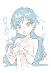  1girl areolae blue_eyes blue_hair breasts earrings hair_ornament heart heart_hands houshou_hanon looking_at_viewer mermaid_melody_pichi_pichi_pitch nipples nude open_mouth pale_color simple_background solo translation_request upper_body wavy_hair white_background wntame 