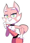  2016 anthro breasts cat clothed clothing feline female fur looking_at_viewer mammal nipples pink_fur samoyena shima_luan simple_background smile solo super_planet_dolan teasing 