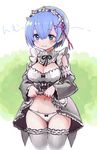  bad_id bad_pixiv_id blue_eyes blue_hair blush bow bow_panties breasts cleavage cleavage_cutout detached_sleeves frills garters hair_ornament hairband hiro1984 lifted_by_self lolita_hairband maid medium_breasts navel panties re:zero_kara_hajimeru_isekai_seikatsu rem_(re:zero) short_hair skirt skirt_lift smile solo thighhighs underwear white_panties x_hair_ornament 