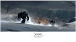  bare_tree building carlos_villa cityscape final_fantasy final_fantasy_vi floating_hair from_behind highres landscape long_hair magitek_armor mecha night scenery snow snowing tina_branford town tree valley wallpaper white_hair wind winter 