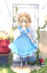  adjusting_clothes adjusting_hat alice_margatroid alternate_costume bad_id bad_pixiv_id blonde_hair blue_dress blue_eyes blush book_stack chain commentary_request door dress frilled_dress frills full_body hat looking_at_viewer pantyhose plant shigemiya_kyouhei shoes short_hair short_sleeves smile solo straw_hat touhou twitter_username white_legwear yellow_footwear 
