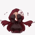  1girl artist_request blonde_hair cape covering_face evileye hair_between_eyes hood long_sleeves mask overlord_(maruyama) simple_background sleeves_past_wrists solo translation_request 