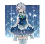  apron blue_background blue_dress border bow braid cowboy_shot curtsey dress hair_bow izayoi_sakuya looking_at_viewer maid maid_apron maid_headdress outside_border patterned_background petals red_hair sakipsakip shirt short_dress short_hair silver_hair sketch smile solo thighhighs thighs touhou twin_braids white_border white_legwear white_shirt zettai_ryouiki 