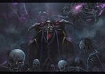  1boy ainz_ooal_gown artist_request bone collar dragon hood long_sleeves outstretched_arms overlord_(maruyama) red_eyes robe skeleton undead 