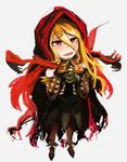  1girl artist_request blonde_hair cape evileye fang gloves hands_together hood long_hair long_sleeves open_mouth overlord_(maruyama) red_eyes simple_background skirt solo spikes vampire 