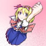  alice_margatroid blonde_hair blue_dress blue_eyes capelet censored chibi dress fake_censor fig_sign frills hairband kuranosuke lolita_hairband mosaic_censoring puffy_short_sleeves puffy_sleeves sash short_sleeves solo touhou 