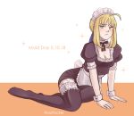  1girl ahoge apron arm_support artoria_pendragon_(all) black_legwear blonde_hair breasts cleavage fate_(series) green_eyes juliet_sleeves long_sleeves maid maid_apron maid_day maid_headdress puffy_sleeves saber small_breasts solo sparkle thighhighs wrist_cuffs yurifucker 