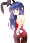  :&lt; animal_ears ass back bare_shoulders blue_hair bunny_ears bunny_tail bunnysuit fake_animal_ears fishnet_pantyhose fishnets flat_chest from_behind furude_rika gaou higurashi_no_naku_koro_ni long_hair looking_at_viewer looking_back pantyhose purple_eyes solo tail wrist_cuffs 