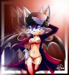  anthro bat blue_eyes blush breasts cleavage clothed clothing female legwear lipstick mammal membranous_wings nancher rouge_the_bat salute solo sonic_(series) stockings wide_hips wings 