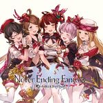  :d ;d ahoge album_cover bangs bare_shoulders black_hair black_skirt blonde_hair blue_eyes blush bow bracelet breasts brown_hair canna_(granblue_fantasy) cleavage collarbone cover detached_sleeves diantha_(granblue_fantasy) diola_(granblue_fantasy) flower girl_sandwich gloves granblue_fantasy green_eyes hair_between_eyes hair_bow hair_bun hair_ornament harie_(granblue_fantasy) hat heart hug idol jewelry large_breasts leg_up linaria_(granblue_fantasy) long_hair looking_at_another looking_at_viewer medium_breasts minaba_hideo miniskirt multiple_girls navel official_art one_eye_closed open_mouth orange_eyes pink_hair puffy_short_sleeves puffy_sleeves red_bow red_flower red_hair red_rose rose sandwiched short_hair short_sleeves side_ponytail simple_background skirt smile text_focus thighhighs unitard v white_background white_gloves white_legwear zettai_ryouiki 