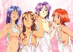  areola_slip areolae black_eyes blue_hair breasts brown_eyes brown_hair closed_eyes covered_nipples freckles long_hair loose_clothes medium_breasts multiple_girls no_bra official_art purple_hair red_hair short_hair small_breasts smile strap_slip underboob viper wet wet_clothes 
