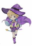  1girl bare_legs blonde_hair boots child fang full_body gloves hat mieux_vanilla necklace one_eye_closed open_mouth purple_eyes simple_background siyojin solo sugar_sugar_rune white_background witch witch_hat 