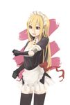  1girl artist_request blonde_hair collar detached_sleeves evileye frills gloves hair_between_eyes lock long_hair maid maid_apron maid_headdress overlord_(maruyama) puffy_sleeves red_eyes smile solo thighhighs 