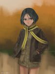  2016 bad_id bad_pixiv_id bandaid bandaid_on_face bangs black_eyes black_hair brave_witches cowboy_shot dated eyelashes furukawa_herzer hands_in_pockets highres jacket kanno_naoe leather leather_jacket looking_to_the_side parted_bangs scarf serious short_hair signature solo uniform world_witches_series 