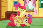  2016 amber_eyes apple apple_bloom_(mlp) curtains cutie_mark duo earth_pony equine female feral food friendship_is_magic fruit fur hair hair_bow hair_ribbon hi_res horse hug inside male mammal my_little_pony orange_fur pony purple_hair red_hair ribbons shutterflyeqd sky sun tender_taps_(mlp) tree window yellow_fur young 