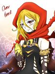  1girl artist_request blonde_hair blush cape chains collar detached_sleeves english evileye fang gloves hair_between_eyes hood lock long_sleeves mask overlord_(maruyama) red_eyes spikes 