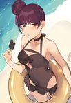  alternate_hairstyle beach black_swimsuit blush breasts brown_hair casual_one-piece_swimsuit choker cleavage collarbone covered_navel duoyuanjun eyebrows eyebrows_visible_through_hair food food_on_face footprints from_above girls_frontline hair_bun halterneck highres holding holding_food innertube large_breasts ocean one-piece_swimsuit outdoors parted_lips popsicle purple_hair red_eyes solo swimsuit wa2000_(girls_frontline) water 