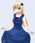  2016 alternate_costume blonde_hair blue_dress bow collarbone curtsey dated dress flower formal green_eyes hair_flower hair_ornament heinrike_prinzessin_zu_sayn-wittgenstein highres long_hair looking_at_viewer makaze_(t-junction) noble_witches signature simple_background sketch sleeveless sleeveless_dress smile solo white_background world_witches_series 