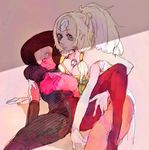  afro breasts cleavage forehead_jewel garnet_(steven_universe) gem highres isuhaimo leg_lift looking_at_viewer medium_breasts multiple_arms multiple_girls opal_(steven_universe) pantyhose silver_hair spread_legs steven_universe sunglasses yuri 