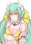  :t aleixww alternate_costume aqua_eyes bare_shoulders bikini bikini_top blush breasts cleavage detached_collar detached_sleeves fate/grand_order fate_(series) horns kiyohime_(fate/grand_order) kiyohime_(swimsuit_lancer)_(fate) long_hair looking_at_viewer low_twintails medium_breasts simple_background solo swimsuit twintails upper_body white_background wide_sleeves yellow_eyes 