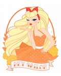  1girl adapted_costume aino_minako bandanna bangs belt bishoujo_senshi_sailor_moon blonde_hair blowing_kiss bumper_bangs dress earrings hand_on_hip heart_print lipstick orange_dress orange_rose red_lipstick rose sailor_venus solo wink 