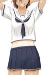  grin head_out_of_frame highres midriff niwatazumi one-piece_tan original school_uniform serafuku simple_background skirt smile solo tan tanline white_background 