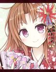  alternate_costume alternate_hairstyle bangs blush brown_hair eyebrows_visible_through_hair fan floral_print flower hair_down hair_flower hair_intakes hair_ornament head_tilt japanese_clothes kagerou_(kantai_collection) kantai_collection kanzashi letterboxed long_hair looking_at_viewer paper_fan purple_eyes smile solo upper_body yamiarisu 