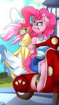  absurd_res anthro blue_eyes clothed clothing day detailed_background dress duo earth_pony equine feathered_wings feathers female fluttershy_(mlp) friendship_is_magic fur hair hi_res hooves horse madacon mammal my_little_pony outside pegasus pink_fur pink_hair pinkie_pie_(mlp) pony sitting tongue wings yellow_fur 