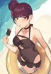  :o absurdres alternate_hairstyle annoyed arm_at_side bangs beach black_bow black_choker black_swimsuit blunt_bangs blush bow braid breasts casual_one-piece_swimsuit caustics choker cleavage cleavage_cutout collarbone covered_navel cowboy_shot day duoyuanjun dutch_angle eyebrows eyebrows_visible_through_hair food food_on_face footprints french_braid frilled_swimsuit frills from_above girls_frontline hair_ribbon hair_up halterneck hand_up highres holding holding_food holding_innertube innertube large_breasts looking_at_viewer looking_up ocean one-piece_swimsuit outdoors parted_lips perspective popsicle purple_hair purple_ribbon red_eyes ribbon shadow side_bun sideboob solo standing swimsuit swimsuit_skirt underboob underboob_cutout wa2000_(girls_frontline) water 