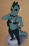  2017 ankh anthro bea_(nitw) boots bra bracelet breasts choker cigarette clothing crocodile crocodilian female fluff-kevlar footwear green_skin jeans jewelry looking_at_viewer medium_breasts midriff navel night_in_the_woods non-mammal_breasts pants red_eyes reptile scales scalie smoking solo underwear video_games yellow_sclera 