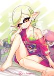  aori_(splatoon) artist_name bag bangs bare_legs bare_shoulders barefoot bikini character_doll closed_mouth collarbone domino_mask earrings eyebrows feet green_bikini hand_on_own_cheek hotaru_(splatoon) jewelry legs mask n_kamui no_pants off-shoulder_shirt off_shoulder pink_shirt pointy_ears shirt short_hair short_sleeves sitting smile soles splatoon_(series) splatoon_1 swept_bangs swimsuit tentacle_hair thick_eyebrows yellow_eyes 