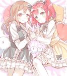  bangs bed_sheet bow bowtie brown_eyes brown_hair center_frills dress frilled_dress frilled_pillow frilled_sleeves frills garters gothic_lolita green_eyes hairband heart heart_pillow kunikida_hanamaru kurosawa_ruby lolita_fashion lolita_hairband long_sleeves looking_at_viewer love_live! love_live!_sunshine!! lying multiple_girls on_side pale_color pillow red_hair shijimi_kozou smile stuffed_animal stuffed_toy sweet_lolita thighhighs two_side_up white_legwear yuri 