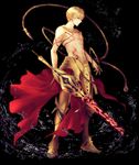  abs armor armored_boots black_background blonde_hair boots commentary_request fate/grand_order fate/stay_night fate/strange_fake fate_(series) gilgamesh highres male_focus muscle red_eyes shirtless solo sword tattoo weapon yuririensu 