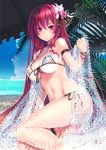  beach beach_umbrella bikini blush breasts cattleya_(flower_knight_girl) choker cleavage coffee_cat day flower flower_knight_girl front-tie_bikini front-tie_top hair_flower hair_ornament hair_ribbon jewelry large_breasts leg_garter long_hair looking_at_viewer necklace outdoors red_eyes red_hair ribbon side-tie_bikini sitting solo swimsuit umbrella white_bikini 