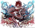  2016 animal_ears bati15 breasts brown_eyes claws cleavage cuffs dress flower full_body fur_trim high_heels hood kai-ri-sei_million_arthur large_breasts looking_at_viewer million_arthur_(series) monster_girl official_art paws red_dress red_footwear red_hair rose shackles shoes solo transformation watermark 