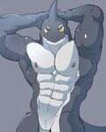  abs anthro armpits athletic biceps blush fin fish flexing gills grey_skin grin hands_behind_head looking_at_viewer male marine mayar muscular muscular_male nipples nude pecs pose shark slit smile solo swimming white_skin yellow_eyes 