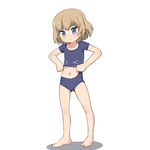  1girl blush child eyebrows feet girls_und_panzer katyusha navel shadow shiny shiny_hair short_hair simple_background solo standing swumsuit white_background yakihebi 