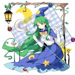 bangs blue_capelet blue_skirt bow breasts candlelight capelet closed_mouth commentary crescent_moon expressionless gem green_hair hat hat_bow highres holding holding_staff ideolo_(style) lantern long_hair long_sleeves medium_breasts mima moon parody plant shirt skirt solo staff star star_print style_parody sun_print touhou touhou_(pc-98) very_long_hair vines white_background white_shirt witch_hat yorktown_cv-5 