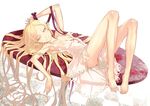  ass bakemonogatari bare_legs bare_shoulders barefoot blonde_hair breasts checkered checkered_floor cleavage commentary_request dress kiss-shot_acerola-orion_heart-under-blade kizumonogatari long_hair long_legs looking_at_viewer lying monogatari_(series) no_panties on_back on_table oshino_shinobu pointy_ears redjuice revision ribbon small_breasts smile solo table very_long_hair white_dress wrist_ribbon yellow_eyes 