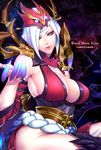  armor armpits bangs blood_moon_elise blue_eyes braid breasts claws cleavage cleavage_cutout commentary dark_background detached_sleeves elise_(league_of_legends) english glowing headwear highres insect_girl large_breasts league_of_legends long_hair looking_at_viewer monster_girl non_(nonzile) parted_lips shadow shoulder_armor shoulder_spikes sideboob sketch smile spider_girl spikes thighhighs thighs very_long_hair white_hair wide_sleeves 