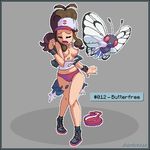  1girl assisted_exposure bestiality border breasts brown_hair butterfly butterfree denim_shorts embarrassed hat long_hair nintendo nipples panties pink_panties pixel_art pokemon shorts simple_background sismicious tagme torn_clothes touko_(pokemon) underwear 