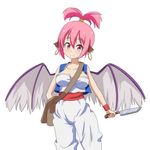  alternate_hairstyle animal_ears bag bird_ears bird_wings cato_(monocatienus) collarbone cosplay dragon_quest dragon_quest_iii ear_piercing knife merchant_(dq3) merchant_(dq3)_(cosplay) mystia_lorelei piercing pink_eyes pink_hair shoulder_bag solo touhou white_background wings 