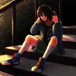  black_hair hood hooded_jacket jacket kousaka_ouji leaf male_focus mirai_nikki sitting solo stairs zaku-ro 