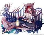  2016 animal_hood anklet bati15 breasts brown_eyes brown_gloves chain cleavage dress flower full_body gloves hood jewelry kai-ri-sei_million_arthur lantern large_breasts looking_at_viewer million_arthur_(series) official_art red_hair rose sitting solo tail watermark 